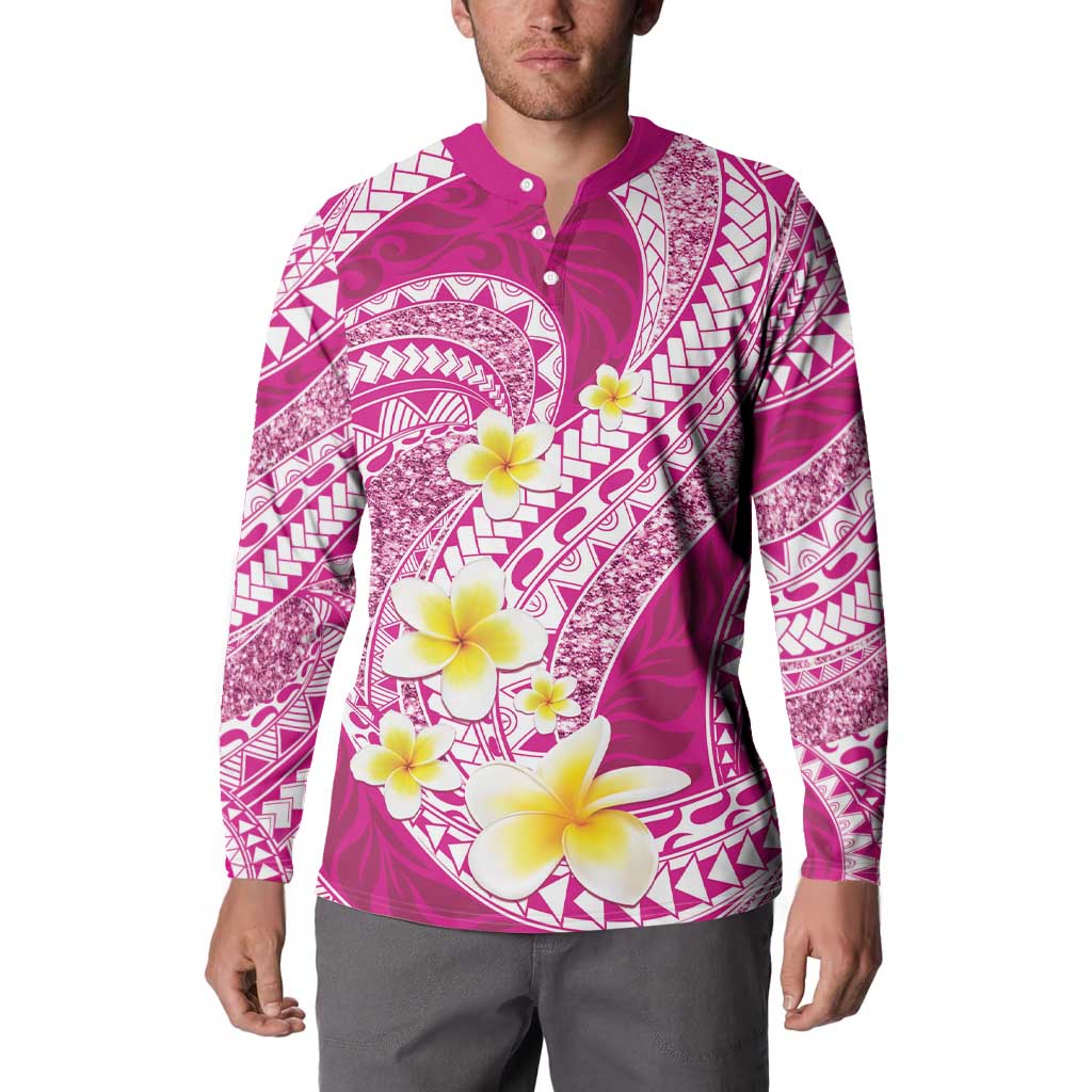 Plumeria Polynesian Pink Glitter Pattern Button Sweatshirt