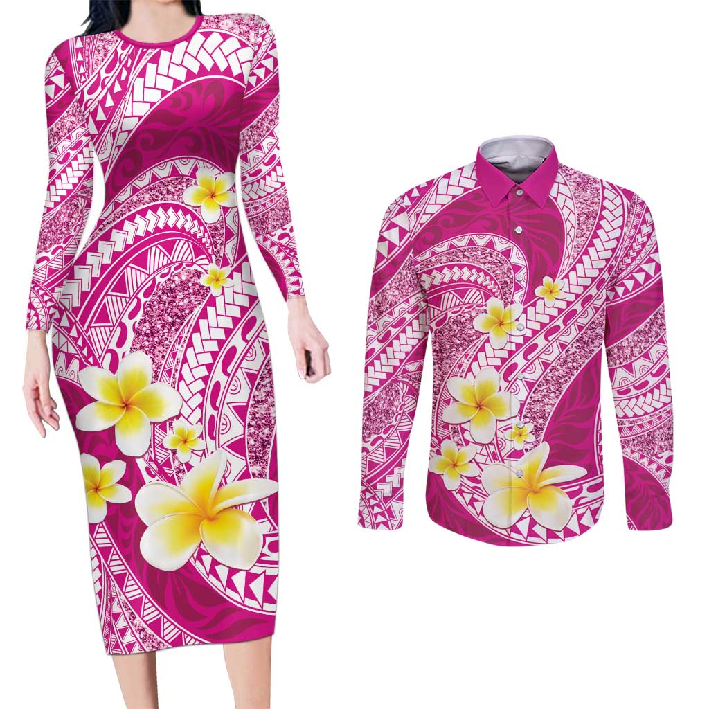 Plumeria Polynesian Pink Glitter Pattern Couples Matching Long Sleeve Bodycon Dress and Long Sleeve Button Shirt LT01 Pink - Polynesian Pride