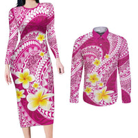 Plumeria Polynesian Pink Glitter Pattern Couples Matching Long Sleeve Bodycon Dress and Long Sleeve Button Shirt LT01 Pink - Polynesian Pride