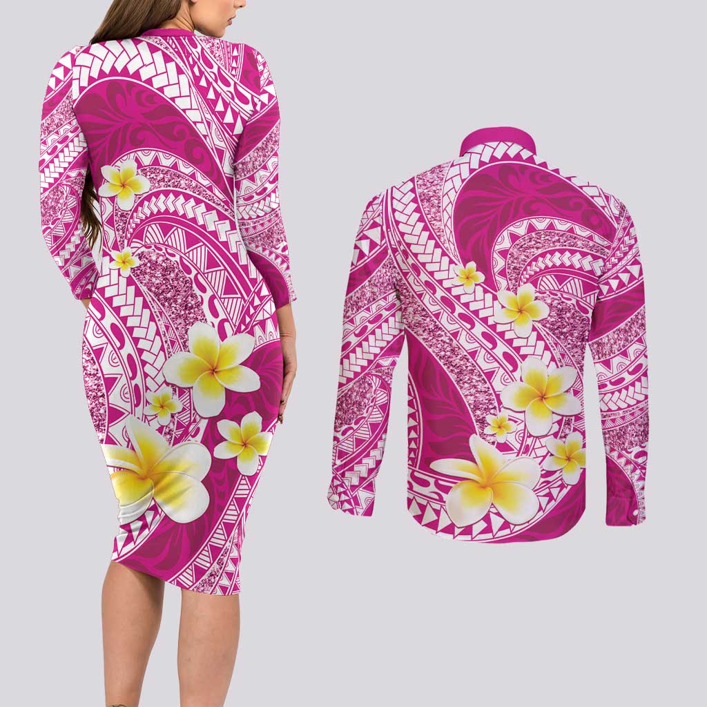 Plumeria Polynesian Pink Glitter Pattern Couples Matching Long Sleeve Bodycon Dress and Long Sleeve Button Shirt LT01 - Polynesian Pride