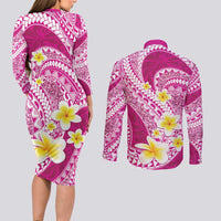 Plumeria Polynesian Pink Glitter Pattern Couples Matching Long Sleeve Bodycon Dress and Long Sleeve Button Shirt LT01 - Polynesian Pride