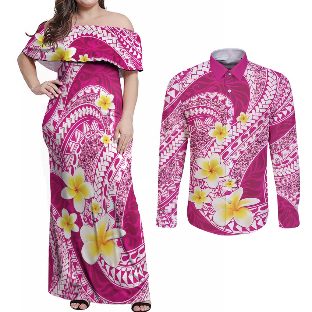 Plumeria Polynesian Pink Glitter Pattern Couples Matching Off Shoulder Maxi Dress and Long Sleeve Button Shirt LT01 Pink - Polynesian Pride
