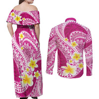 Plumeria Polynesian Pink Glitter Pattern Couples Matching Off Shoulder Maxi Dress and Long Sleeve Button Shirt LT01 - Polynesian Pride