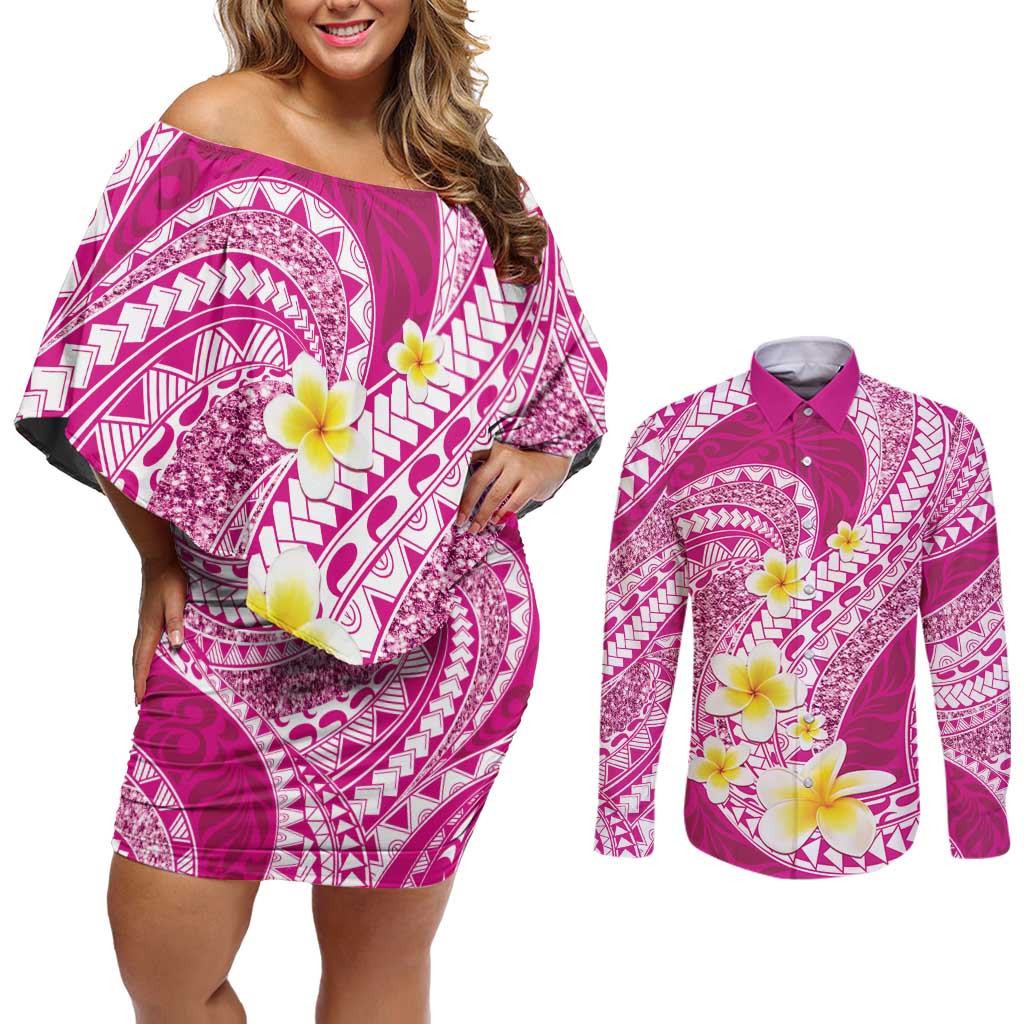 Plumeria Polynesian Pink Glitter Pattern Couples Matching Off Shoulder Short Dress and Long Sleeve Button Shirt LT01 Pink - Polynesian Pride