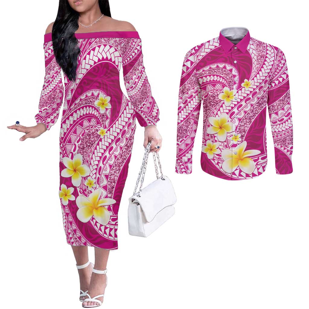Plumeria Polynesian Pink Glitter Pattern Couples Matching Off The Shoulder Long Sleeve Dress and Long Sleeve Button Shirt LT01 Pink - Polynesian Pride