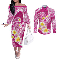 Plumeria Polynesian Pink Glitter Pattern Couples Matching Off The Shoulder Long Sleeve Dress and Long Sleeve Button Shirt LT01 Pink - Polynesian Pride