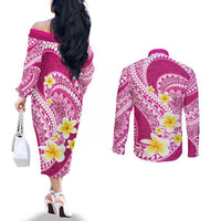 Plumeria Polynesian Pink Glitter Pattern Couples Matching Off The Shoulder Long Sleeve Dress and Long Sleeve Button Shirt LT01 - Polynesian Pride