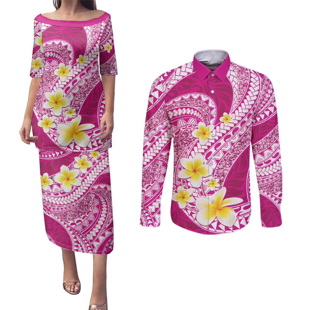 Plumeria Polynesian Pink Glitter Pattern Couples Matching Puletasi and Long Sleeve Button Shirt LT01 Pink - Polynesian Pride