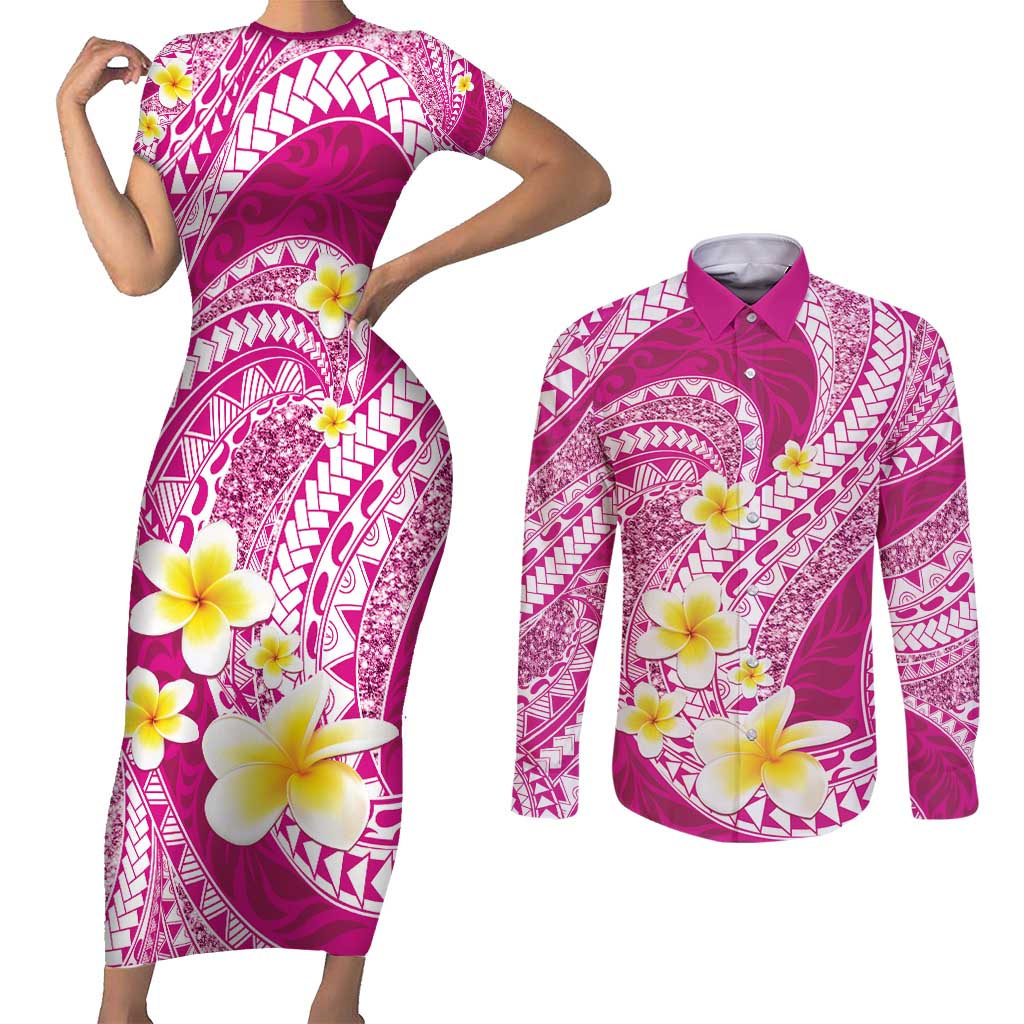 Plumeria Polynesian Pink Glitter Pattern Couples Matching Short Sleeve Bodycon Dress and Long Sleeve Button Shirt LT01 Pink - Polynesian Pride