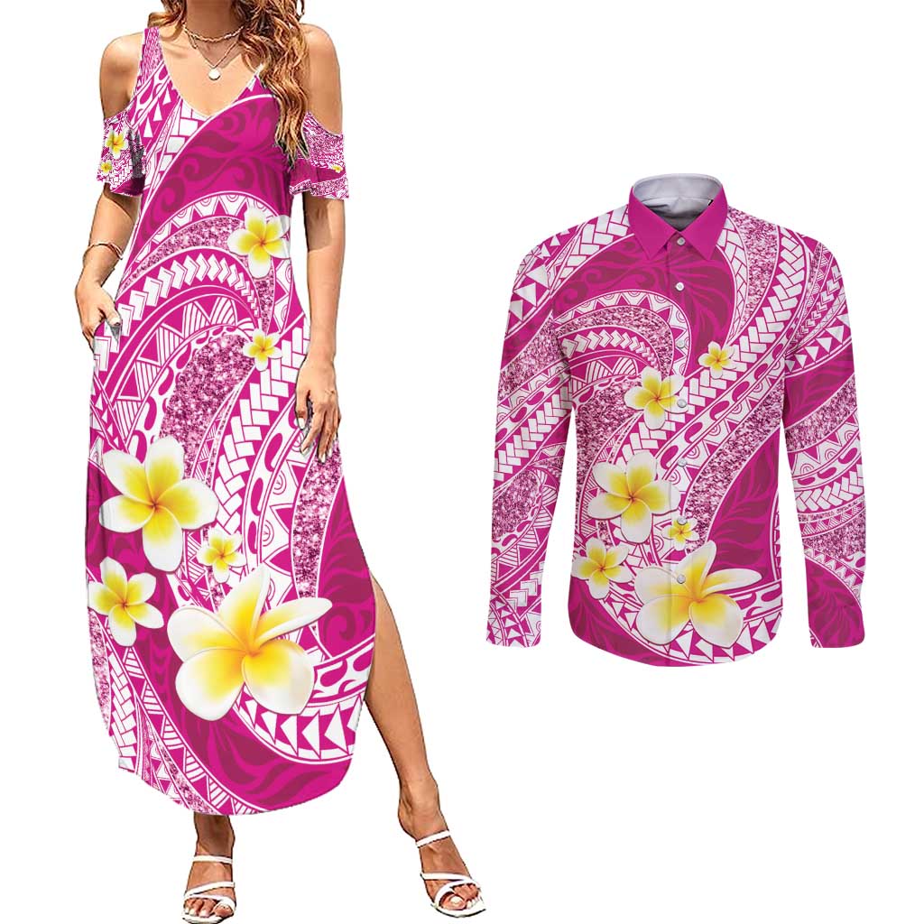 Plumeria Polynesian Pink Glitter Pattern Couples Matching Summer Maxi Dress and Long Sleeve Button Shirt LT01 Pink - Polynesian Pride