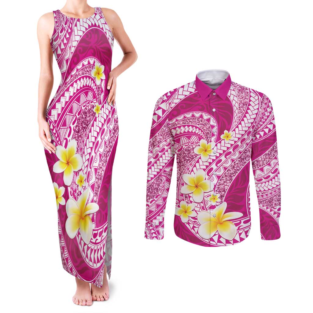 Plumeria Polynesian Pink Glitter Pattern Couples Matching Tank Maxi Dress and Long Sleeve Button Shirt LT01 Pink - Polynesian Pride