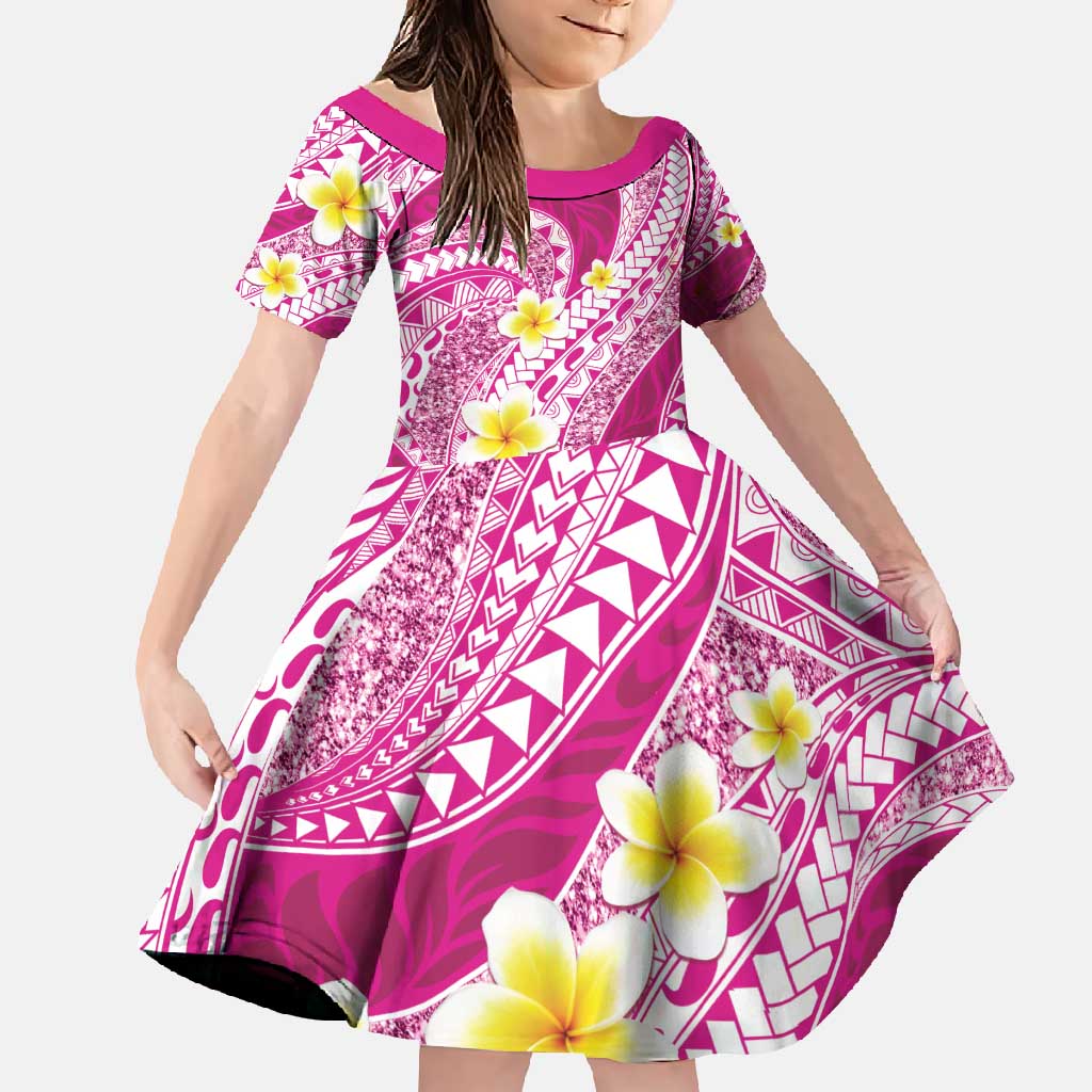 Plumeria Polynesian Pink Glitter Pattern Family Matching Long Sleeve Bodycon Dress and Hawaiian Shirt LT01 Daughter's Dress Pink - Polynesian Pride