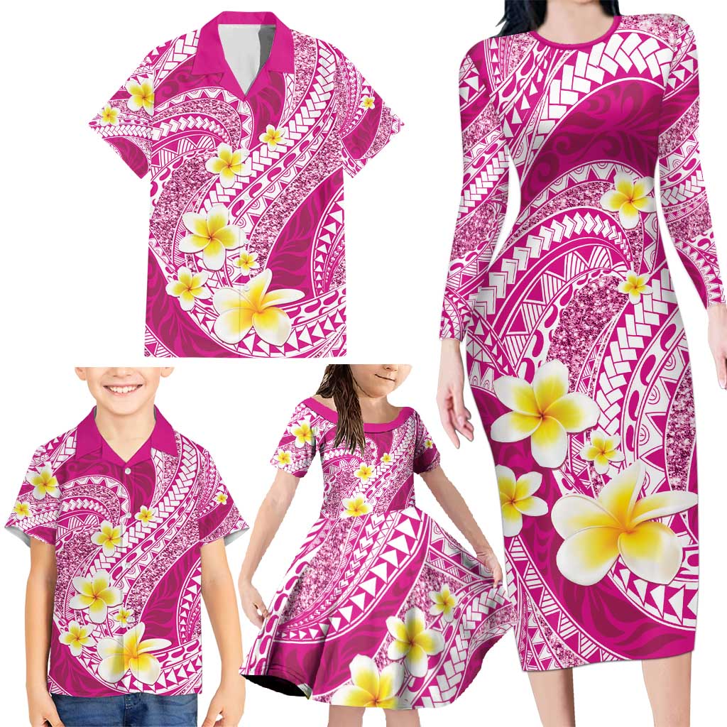 Plumeria Polynesian Pink Glitter Pattern Family Matching Long Sleeve Bodycon Dress and Hawaiian Shirt LT01 - Polynesian Pride