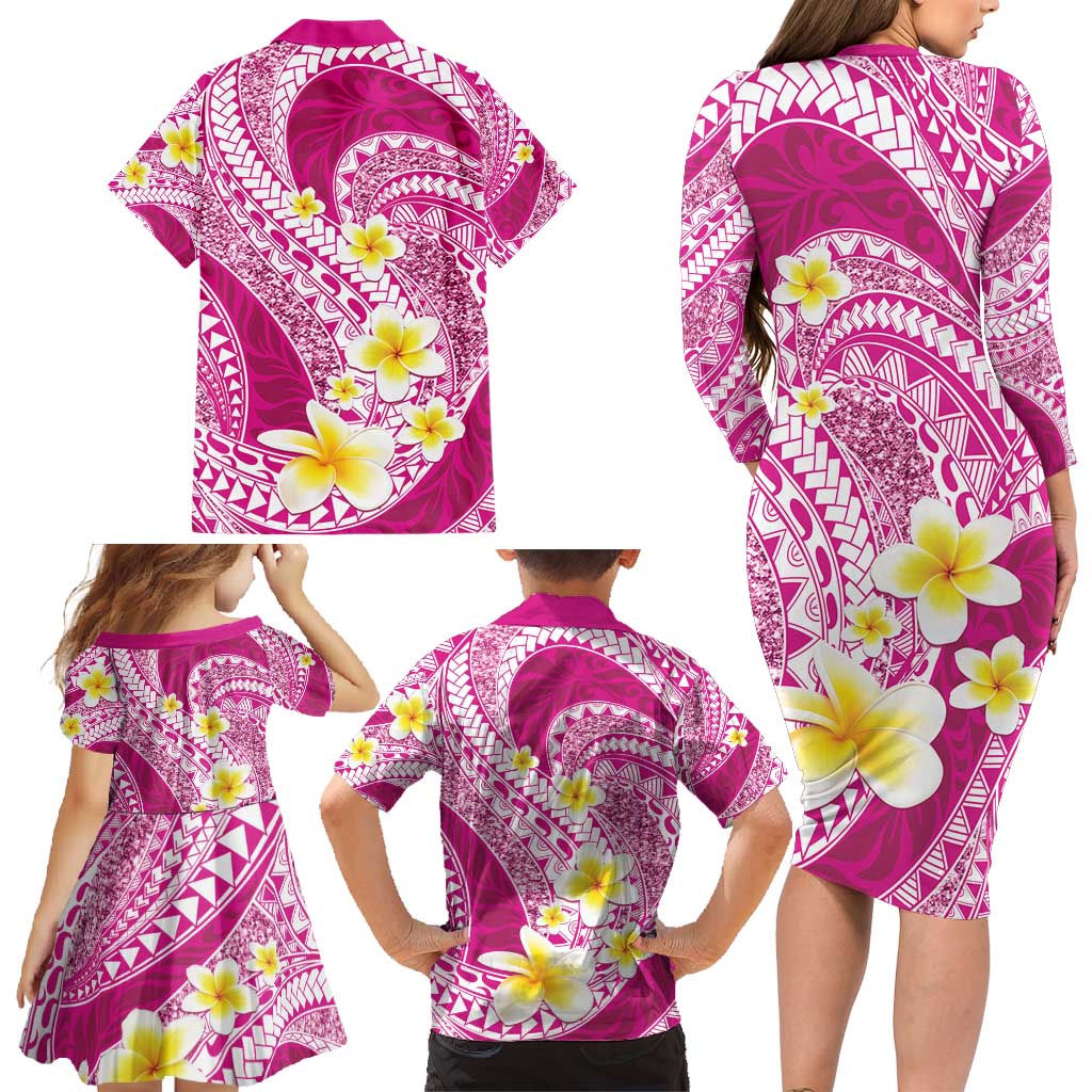 Plumeria Polynesian Pink Glitter Pattern Family Matching Long Sleeve Bodycon Dress and Hawaiian Shirt LT01 - Polynesian Pride