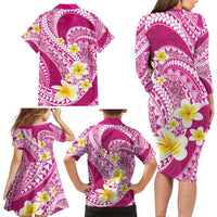 Plumeria Polynesian Pink Glitter Pattern Family Matching Long Sleeve Bodycon Dress and Hawaiian Shirt LT01 - Polynesian Pride