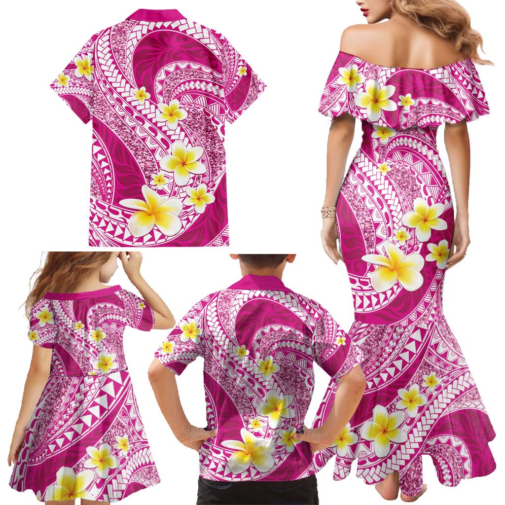 Plumeria Polynesian Pink Glitter Pattern Family Matching Mermaid Dress and Hawaiian Shirt LT01 - Polynesian Pride