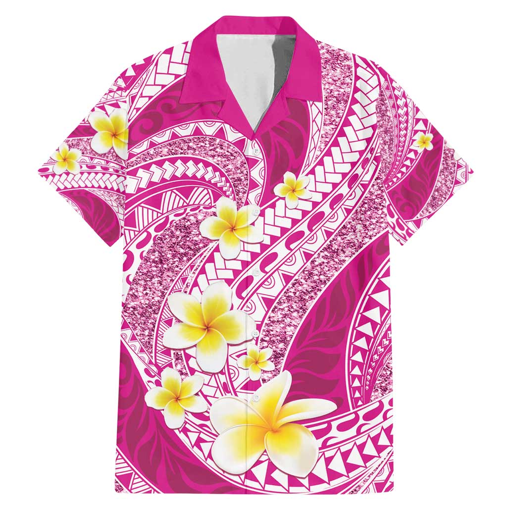 Plumeria Polynesian Pink Glitter Pattern Family Matching Mermaid Dress and Hawaiian Shirt LT01 Dad's Shirt - Short Sleeve Pink - Polynesian Pride