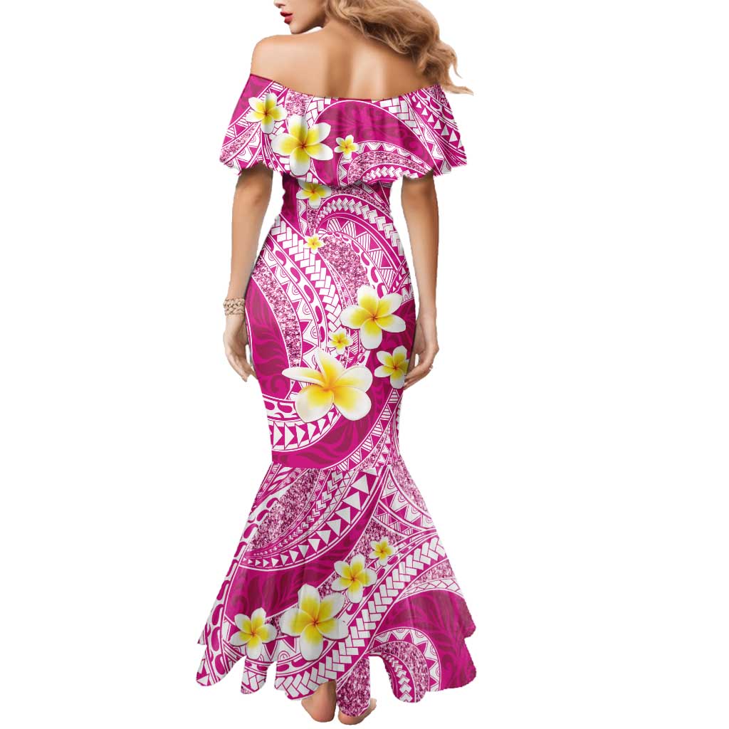 Plumeria Polynesian Pink Glitter Pattern Family Matching Mermaid Dress and Hawaiian Shirt LT01 - Polynesian Pride