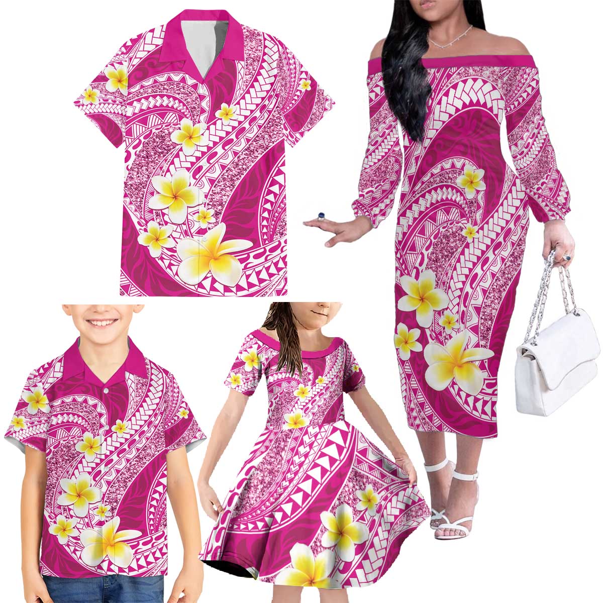Plumeria Polynesian Pink Glitter Pattern Family Matching Off The Shoulder Long Sleeve Dress and Hawaiian Shirt LT01 - Polynesian Pride