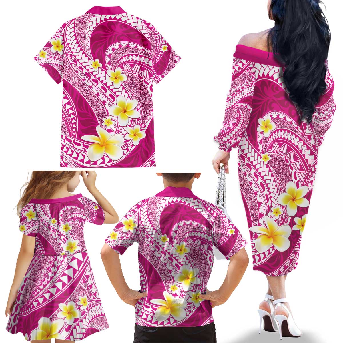 Plumeria Polynesian Pink Glitter Pattern Family Matching Off The Shoulder Long Sleeve Dress and Hawaiian Shirt LT01 - Polynesian Pride