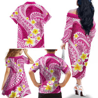 Plumeria Polynesian Pink Glitter Pattern Family Matching Off The Shoulder Long Sleeve Dress and Hawaiian Shirt LT01 - Polynesian Pride