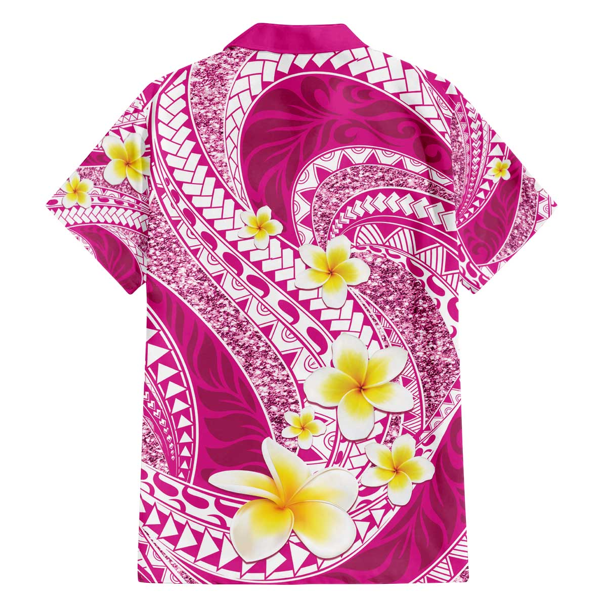 Plumeria Polynesian Pink Glitter Pattern Family Matching Off The Shoulder Long Sleeve Dress and Hawaiian Shirt LT01 - Polynesian Pride