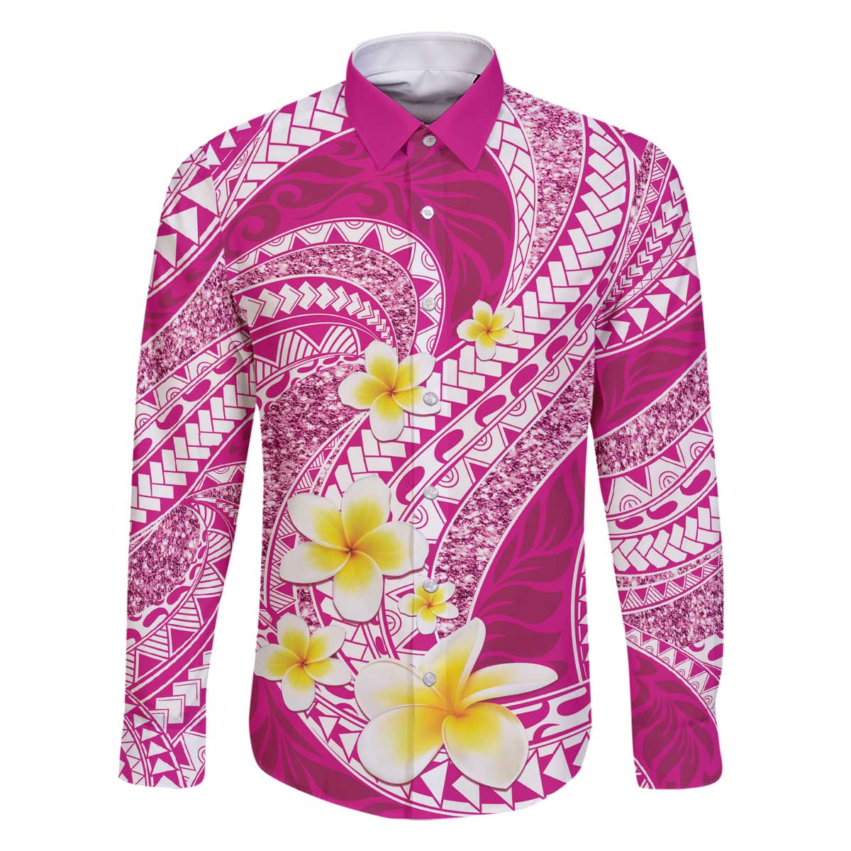 Plumeria Polynesian Pink Glitter Pattern Family Matching Off The Shoulder Long Sleeve Dress and Hawaiian Shirt LT01 Dad's Shirt - Long Sleeve Pink - Polynesian Pride