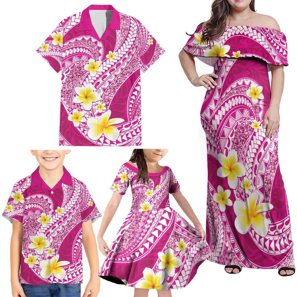 Plumeria Polynesian Pink Glitter Pattern Family Matching Off Shoulder Maxi Dress and Hawaiian Shirt LT01 - Polynesian Pride