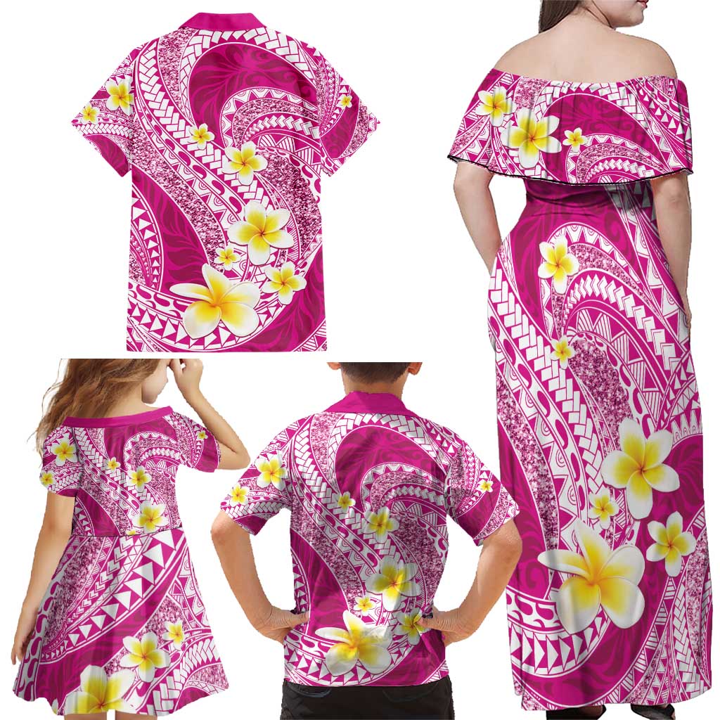 Plumeria Polynesian Pink Glitter Pattern Family Matching Off Shoulder Maxi Dress and Hawaiian Shirt LT01 - Polynesian Pride