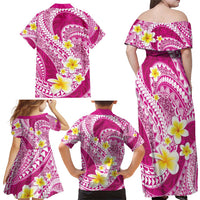 Plumeria Polynesian Pink Glitter Pattern Family Matching Off Shoulder Maxi Dress and Hawaiian Shirt LT01 - Polynesian Pride