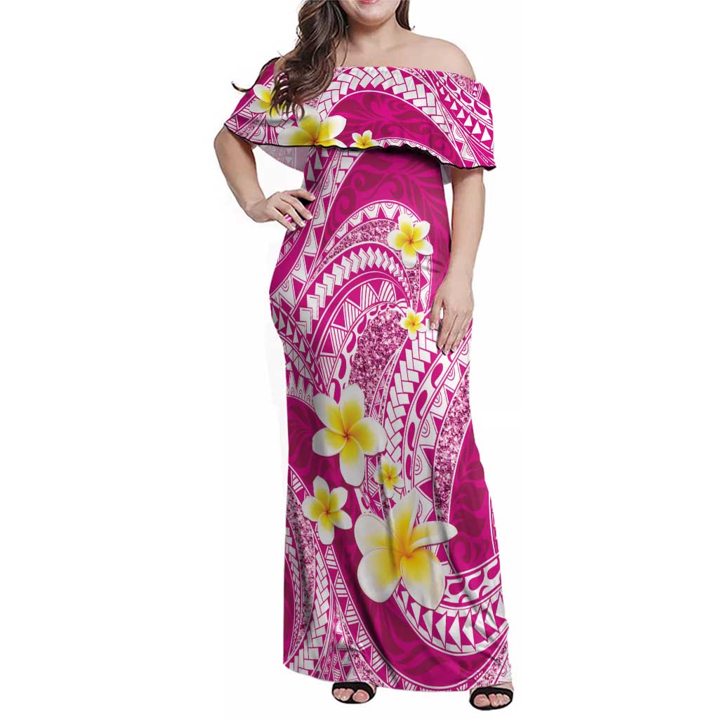 Plumeria Polynesian Pink Glitter Pattern Family Matching Off Shoulder Maxi Dress and Hawaiian Shirt LT01 Mom's Dress Pink - Polynesian Pride