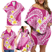 Plumeria Polynesian Pink Glitter Pattern Family Matching Off Shoulder Short Dress and Hawaiian Shirt LT01 - Polynesian Pride