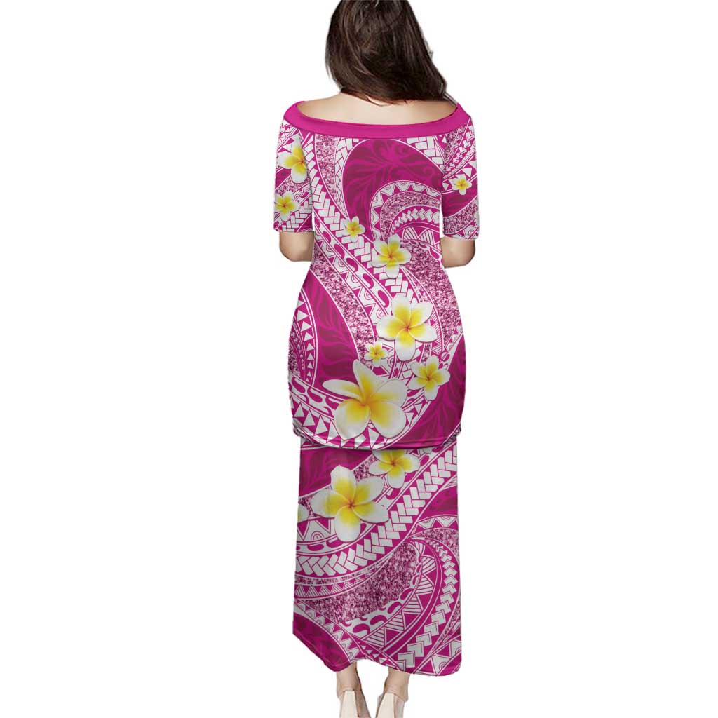 Plumeria Polynesian Pink Glitter Pattern Family Matching Puletasi and Hawaiian Shirt