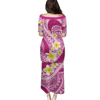 Plumeria Polynesian Pink Glitter Pattern Family Matching Puletasi and Hawaiian Shirt