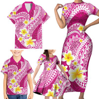 Plumeria Polynesian Pink Glitter Pattern Family Matching Short Sleeve Bodycon Dress and Hawaiian Shirt LT01 - Polynesian Pride