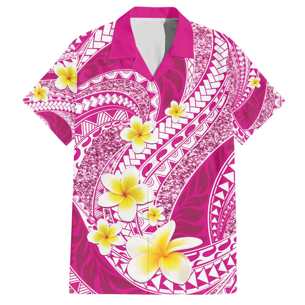 Plumeria Polynesian Pink Glitter Pattern Family Matching Short Sleeve Bodycon Dress and Hawaiian Shirt LT01 Dad's Shirt - Short Sleeve Pink - Polynesian Pride
