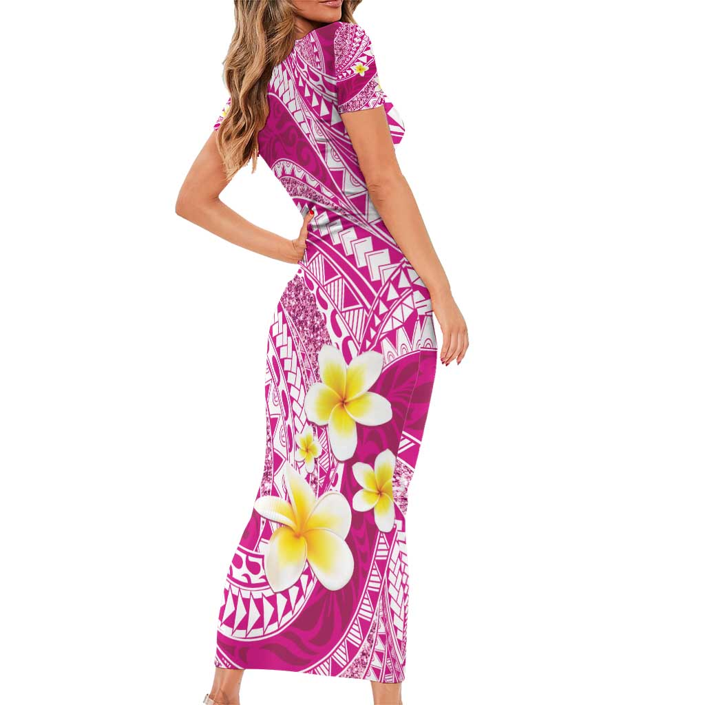 Plumeria Polynesian Pink Glitter Pattern Family Matching Short Sleeve Bodycon Dress and Hawaiian Shirt LT01 - Polynesian Pride