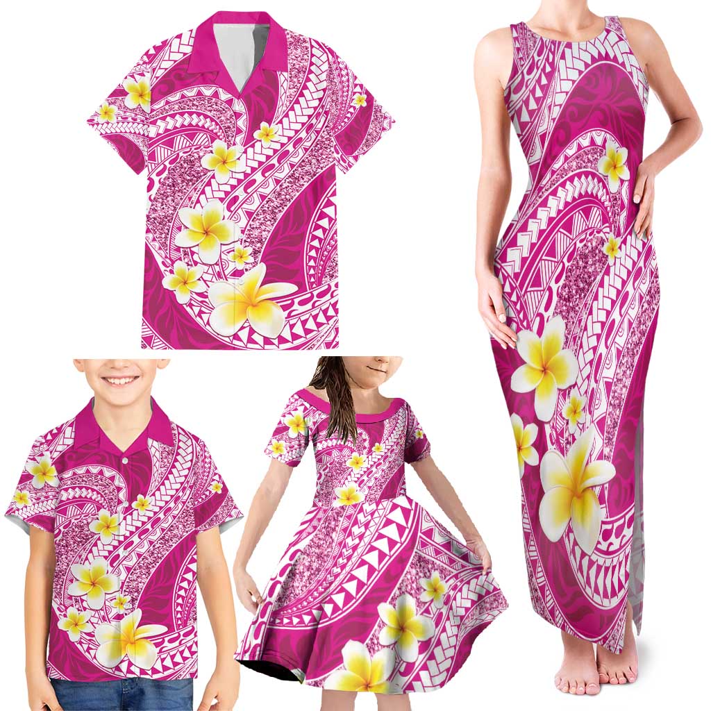 Plumeria Polynesian Pink Glitter Pattern Family Matching Tank Maxi Dress and Hawaiian Shirt LT01 - Polynesian Pride