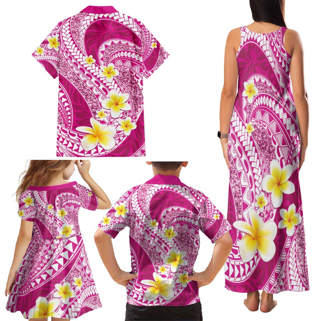 Plumeria Polynesian Pink Glitter Pattern Family Matching Tank Maxi Dress and Hawaiian Shirt LT01 - Polynesian Pride