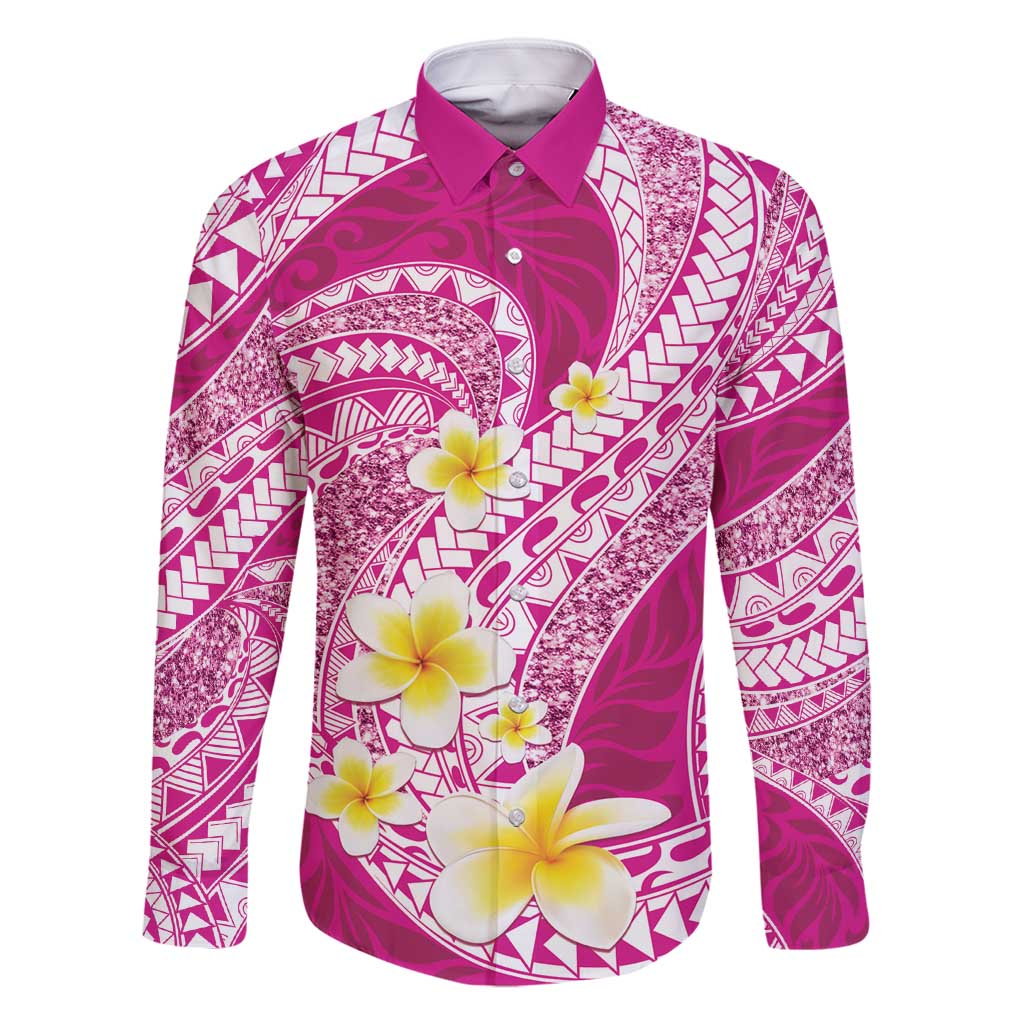 Plumeria Polynesian Pink Glitter Pattern Family Matching Tank Maxi Dress and Hawaiian Shirt LT01 Dad's Shirt - Long Sleeve Pink - Polynesian Pride