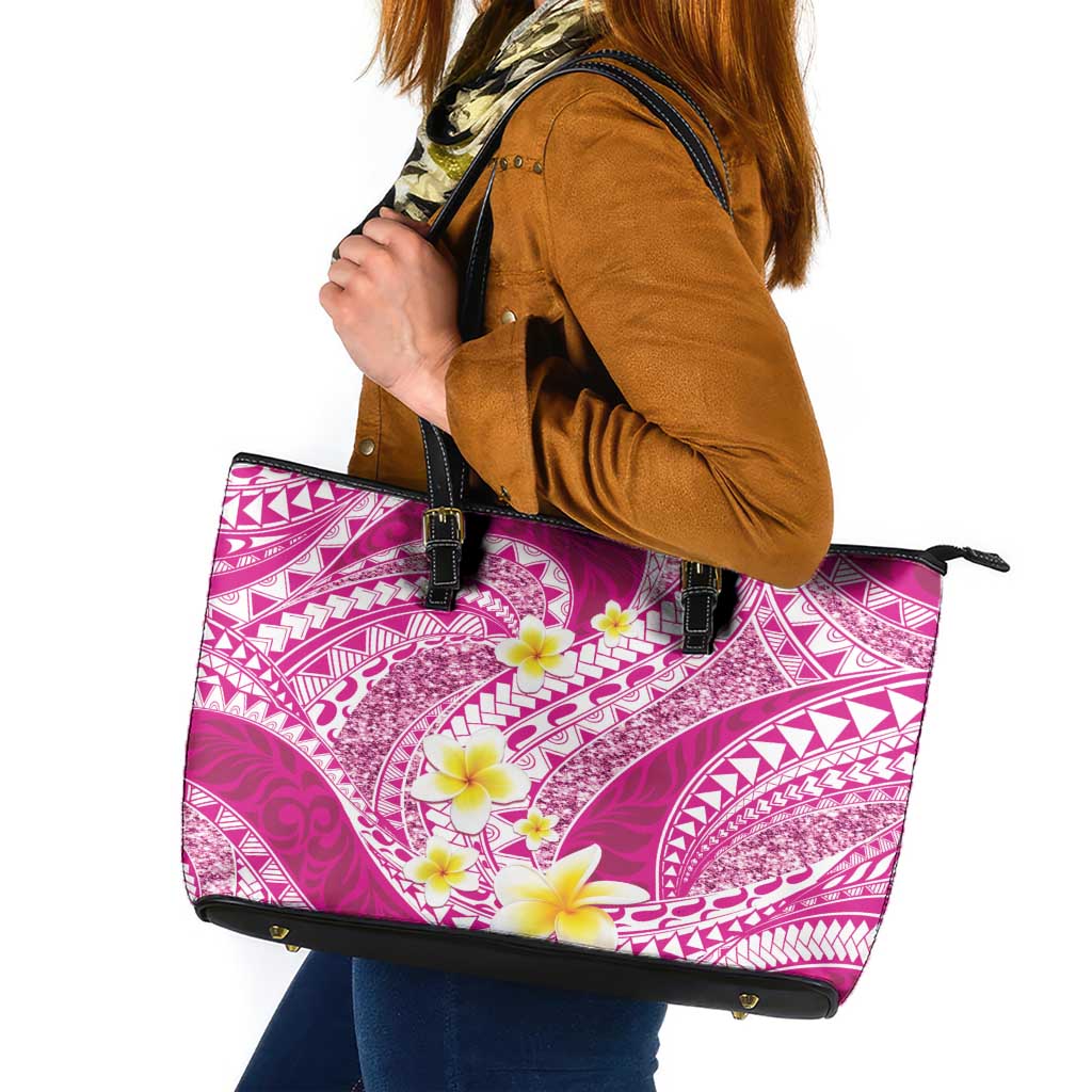 Plumeria Polynesian Pink Glitter Pattern Leather Tote Bag LT01 Pink - Polynesian Pride