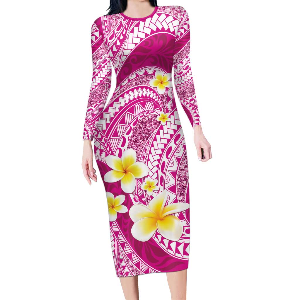 Plumeria Polynesian Pink Glitter Pattern Long Sleeve Bodycon Dress LT01 Long Dress Pink - Polynesian Pride