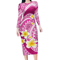 Plumeria Polynesian Pink Glitter Pattern Long Sleeve Bodycon Dress LT01 Long Dress Pink - Polynesian Pride