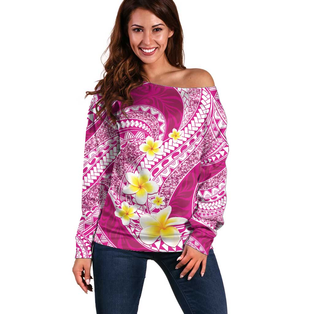 Plumeria Polynesian Pink Glitter Pattern Off Shoulder Sweater LT01 Women Pink - Polynesian Pride