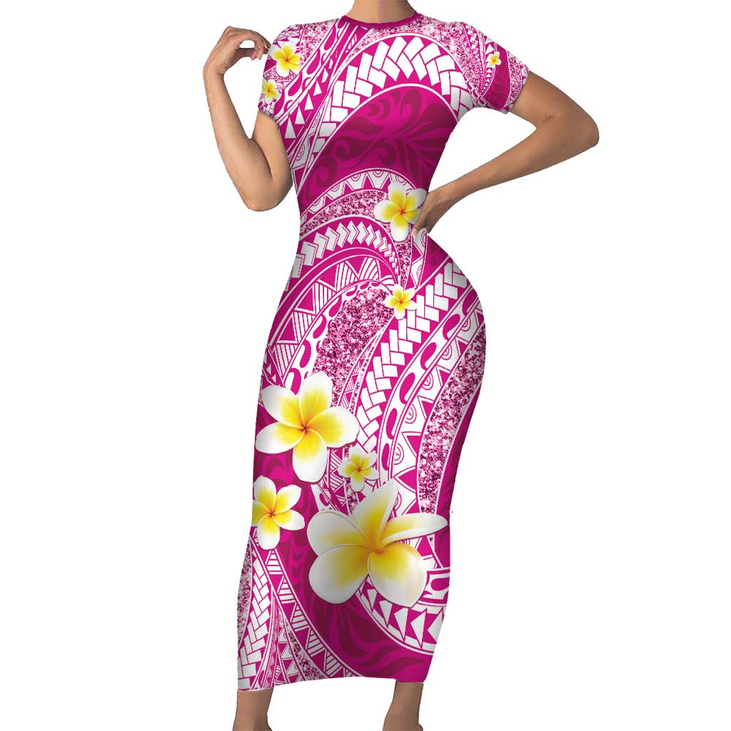 Plumeria Polynesian Pink Glitter Pattern Short Sleeve Bodycon Dress LT01 Long Dress Pink - Polynesian Pride