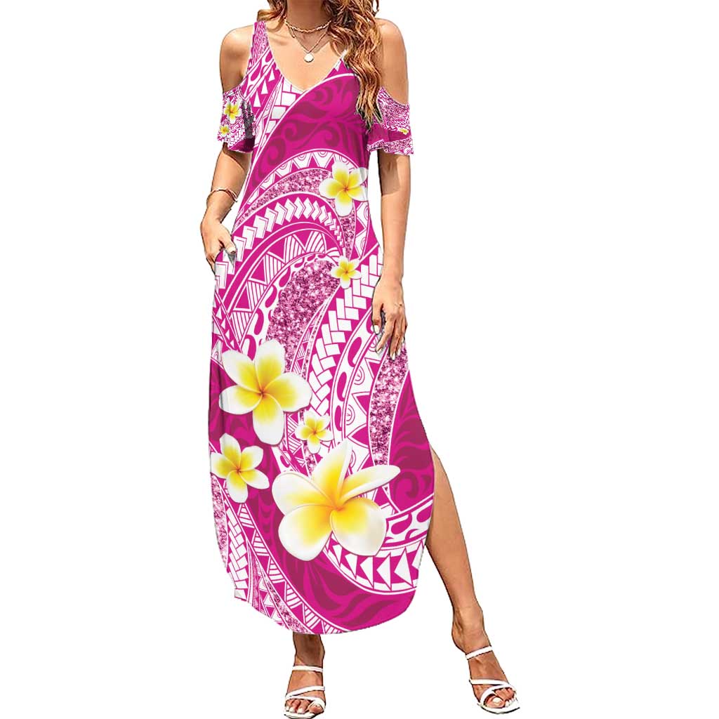 Plumeria Polynesian Pink Glitter Pattern Summer Maxi Dress