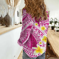 Plumeria Polynesian Pink Glitter Pattern Women Casual Shirt