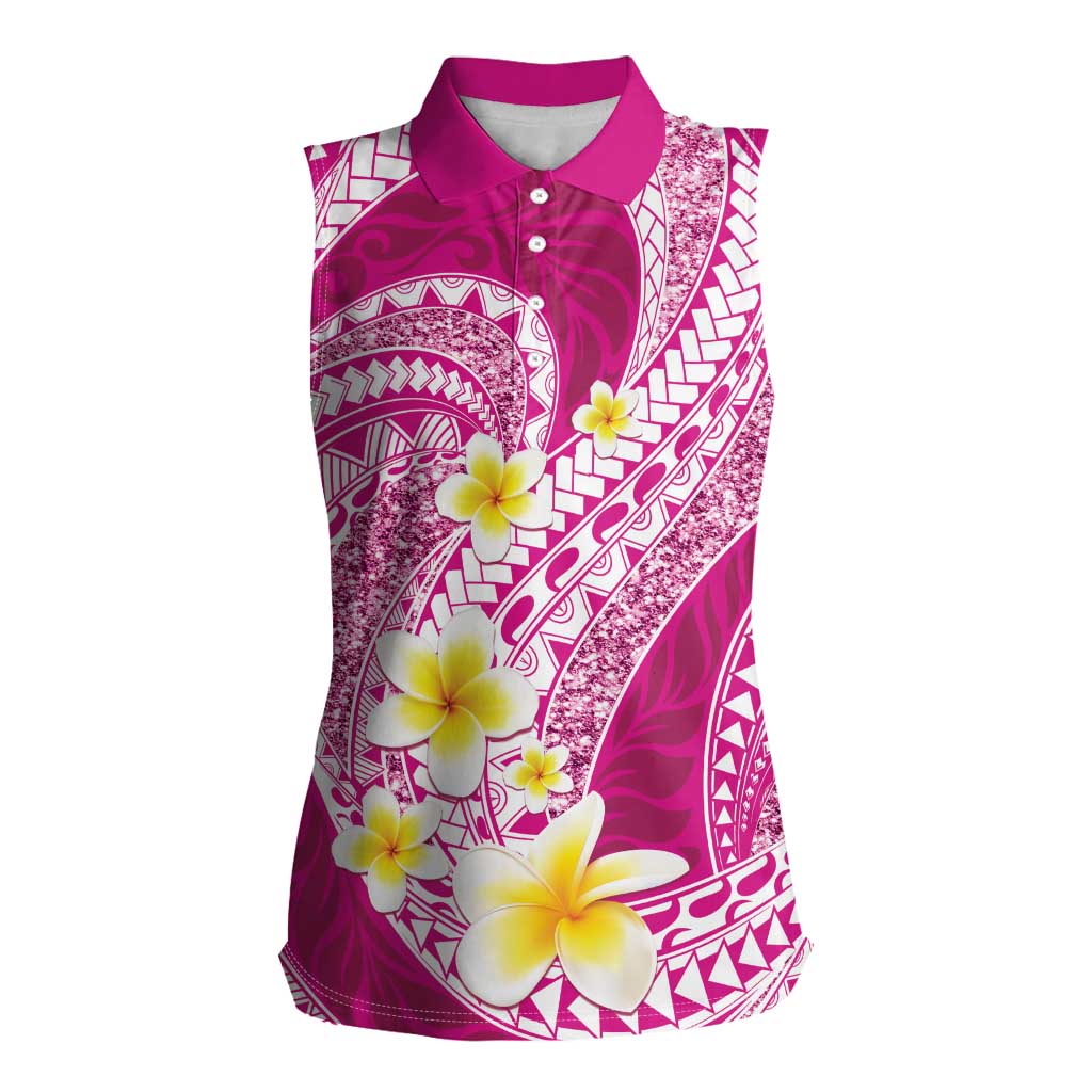 Plumeria Polynesian Pink Glitter Pattern Women Sleeveless Polo Shirt LT01 Female Pink - Polynesian Pride