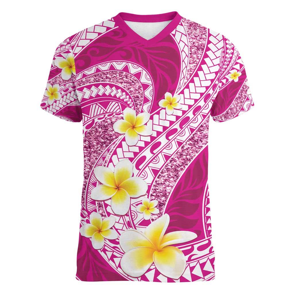 Plumeria Polynesian Pink Glitter Pattern Women V-Neck T-Shirt LT01 Female Pink - Polynesian Pride