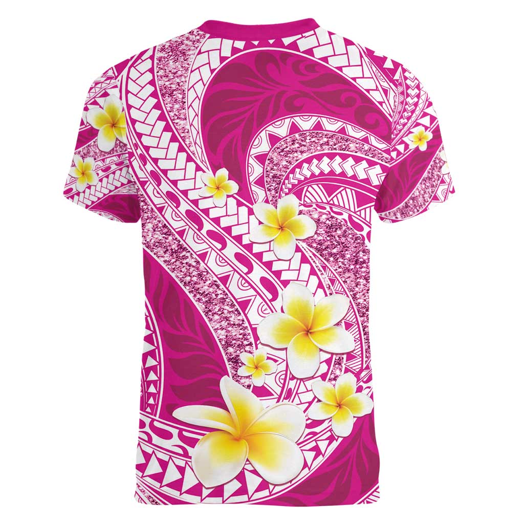Plumeria Polynesian Pink Glitter Pattern Women V-Neck T-Shirt LT01 - Polynesian Pride